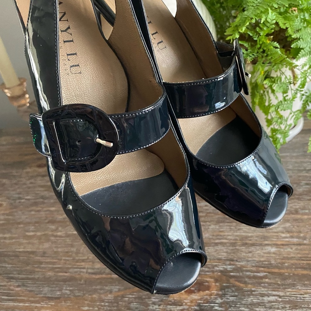 Anyi Lu Tulip Mary Jane Patent Leather Slingback Heels Pumps Navy Blue 39 / 8.5 - Picture 7 of 16